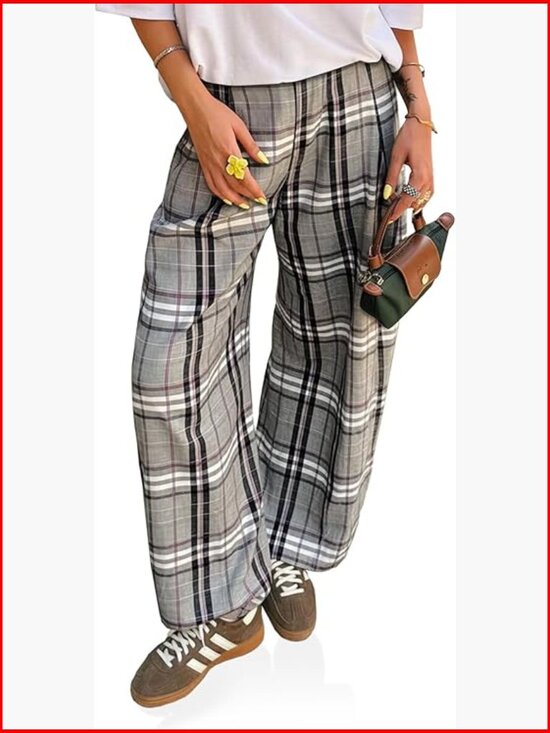 Pants - Wide Leg Palazzo Pants Elastic Waist High Rise Casual Trousers with Pockets